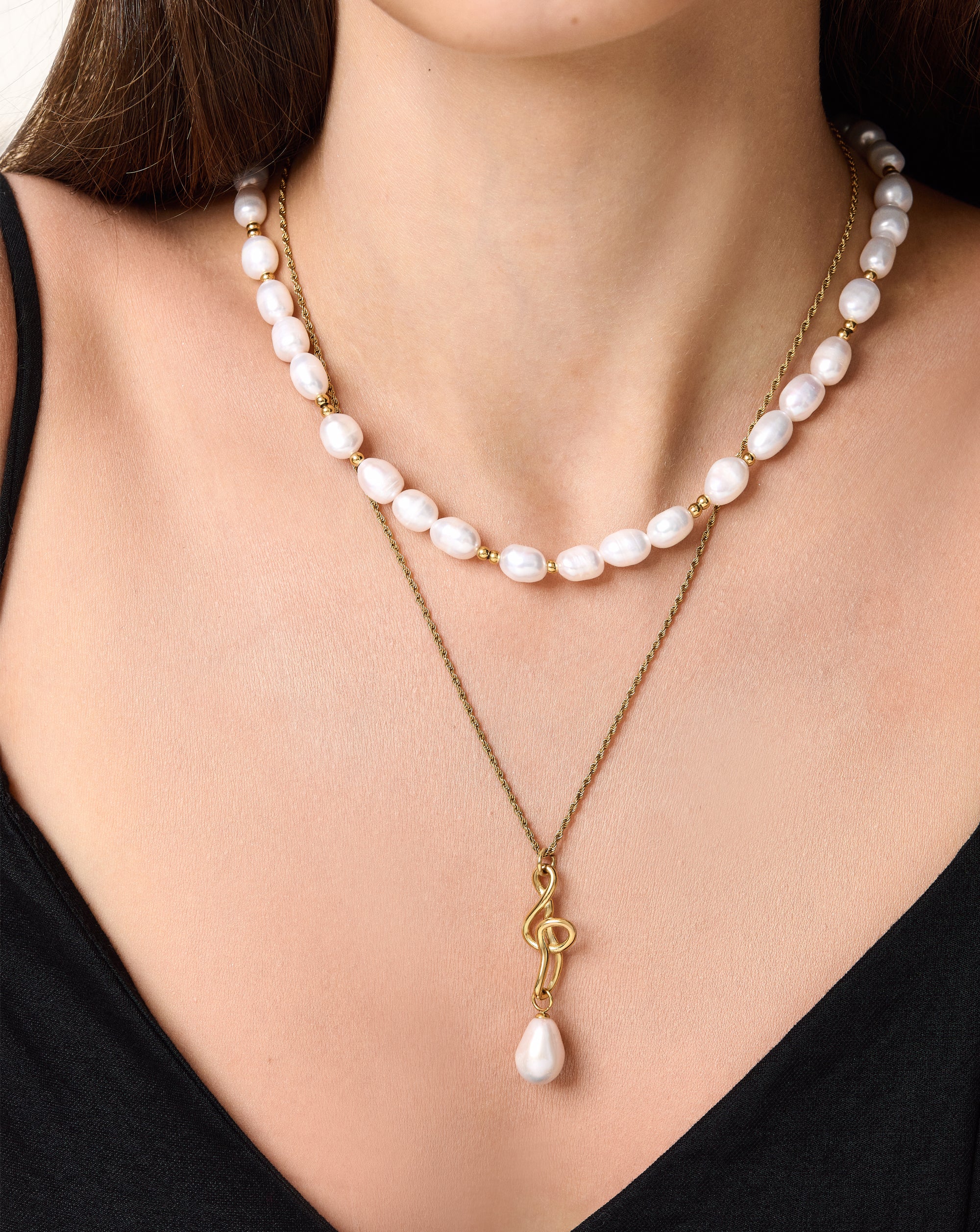 Golden Bead Accent Pearl Necklace, 7-9mm, 3A